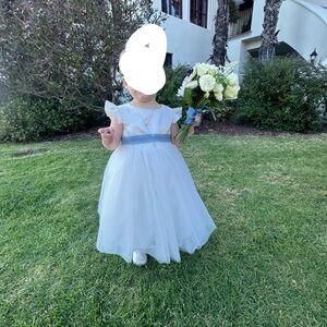 Azazie Kavie Ivory Dusty Blue A-Line Bow Matte Satin Dress